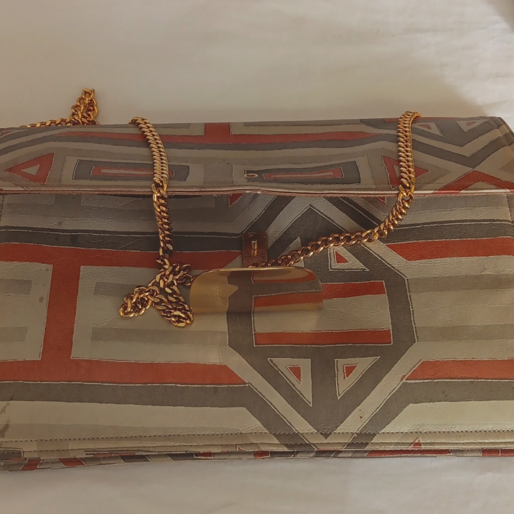 VintageGeometric Patterned Tan and Gold Women's Bag In Great Condition! - Picture 6 of 7